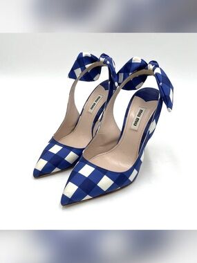 RARE Miu Miu blue gingham sling back heels